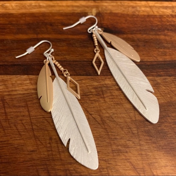 The Painted Jezebel Designs Jewelry - Double Metal Feather Dangle Earrings Mostly Silver
